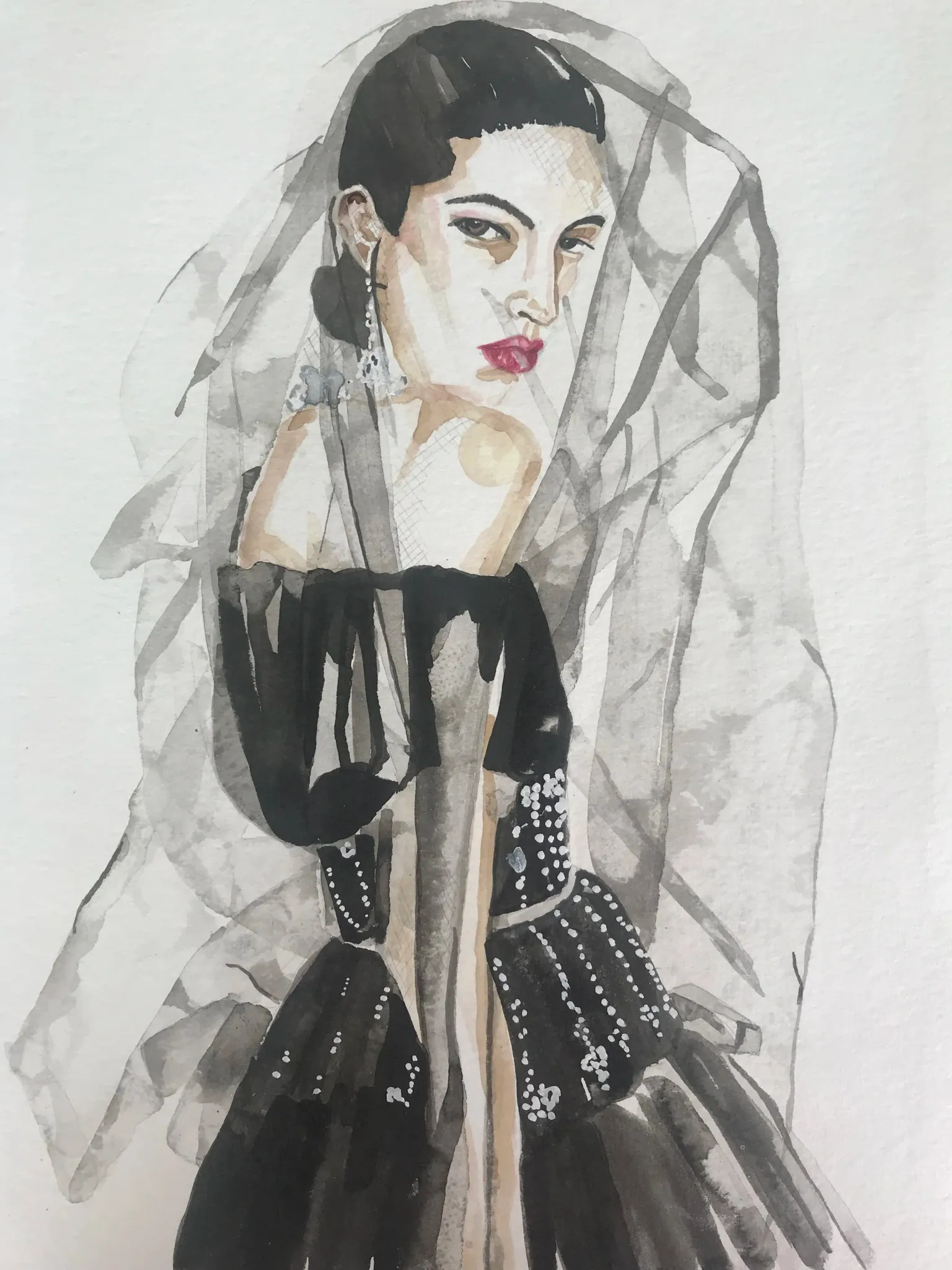Alexander McQueen SS22 dress illustrated in ink and watercolour by Tracey Smith.